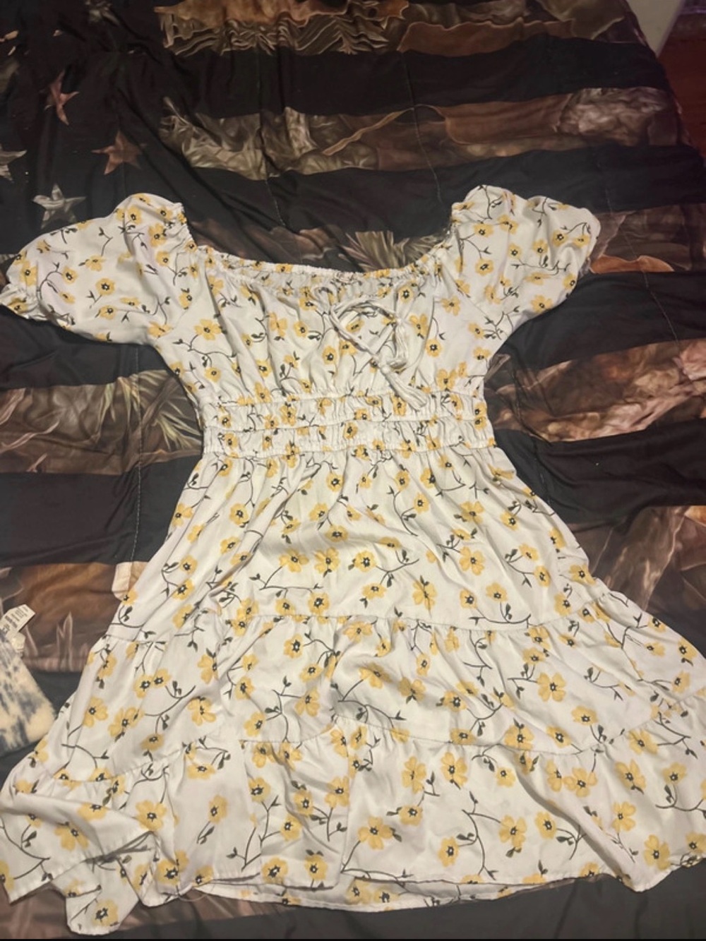 White Floral Off-Shoulder Summer Dress with Yellow Flowers